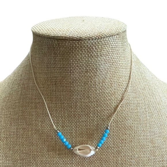 Jewelry - Boho Cowrie Shell Cord Necklace Turquoise Blue Beads‎ Silver Tone Coastal